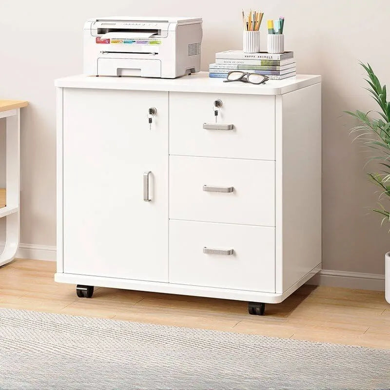 Lockable Wood Filing Cabinet With Shelves, Drawers and Casters