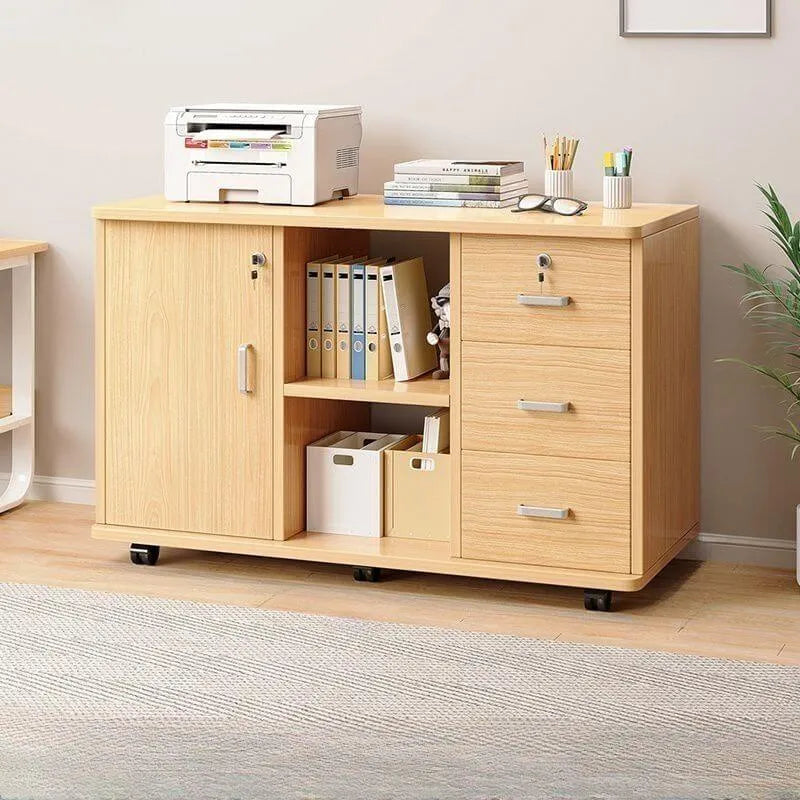 Lockable Wood Filing Cabinet With Shelves, Drawers and Casters