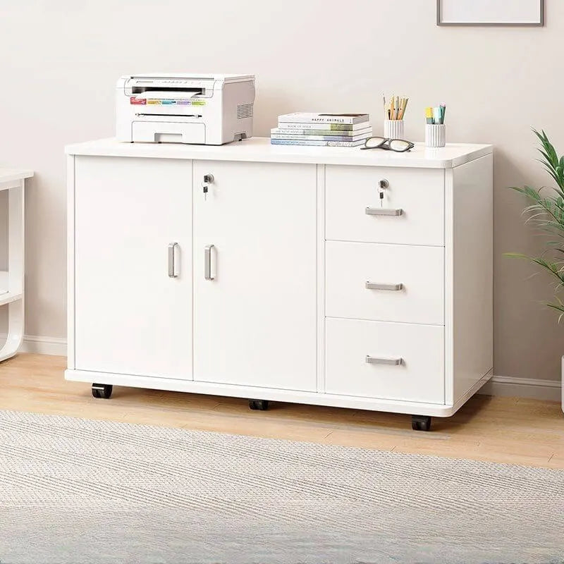 Lockable Wood Filing Cabinet With Shelves, Drawers and Casters