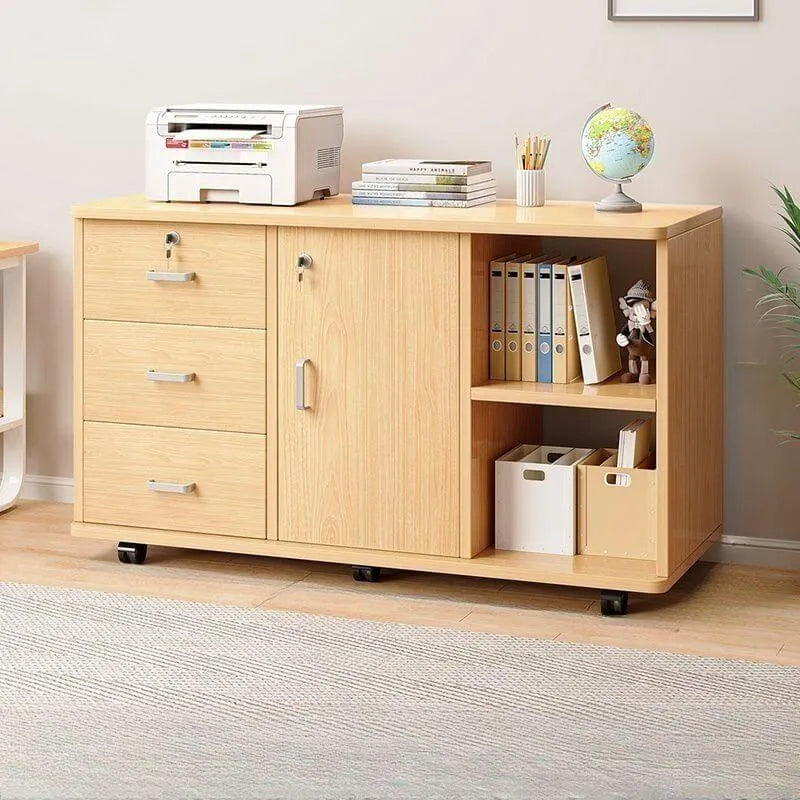 Lockable Wood Filing Cabinet With Shelves, Drawers and Casters