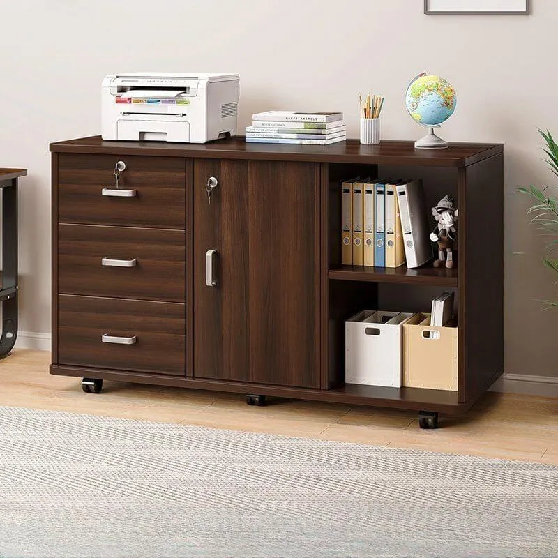 Lockable Wood Filing Cabinet With Shelves, Drawers and Casters