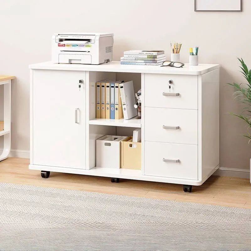 Lockable Wood Filing Cabinet With Shelves, Drawers and Casters