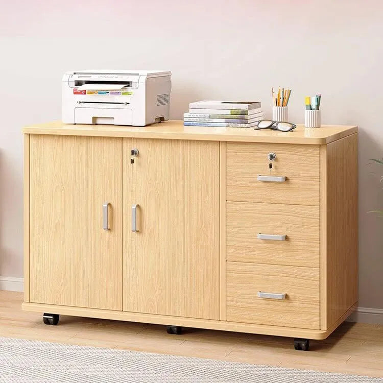 Lockable Wood Filing Cabinet With Shelves, Drawers and Casters Main Product Image