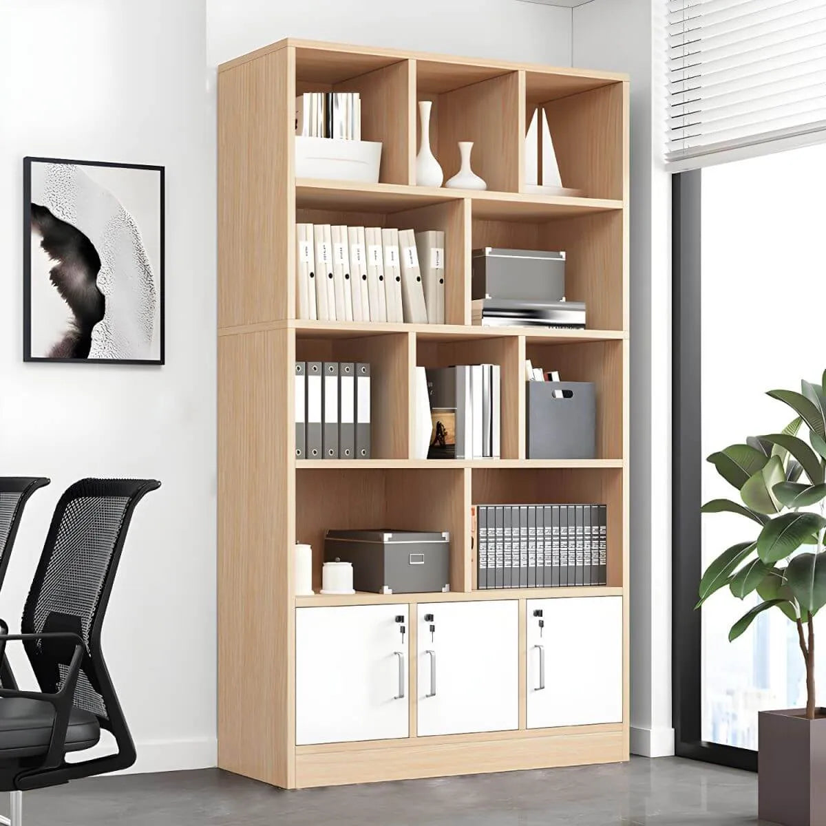 Lockable Wood Office Storage Cabinet With Open Shelves Secondary image