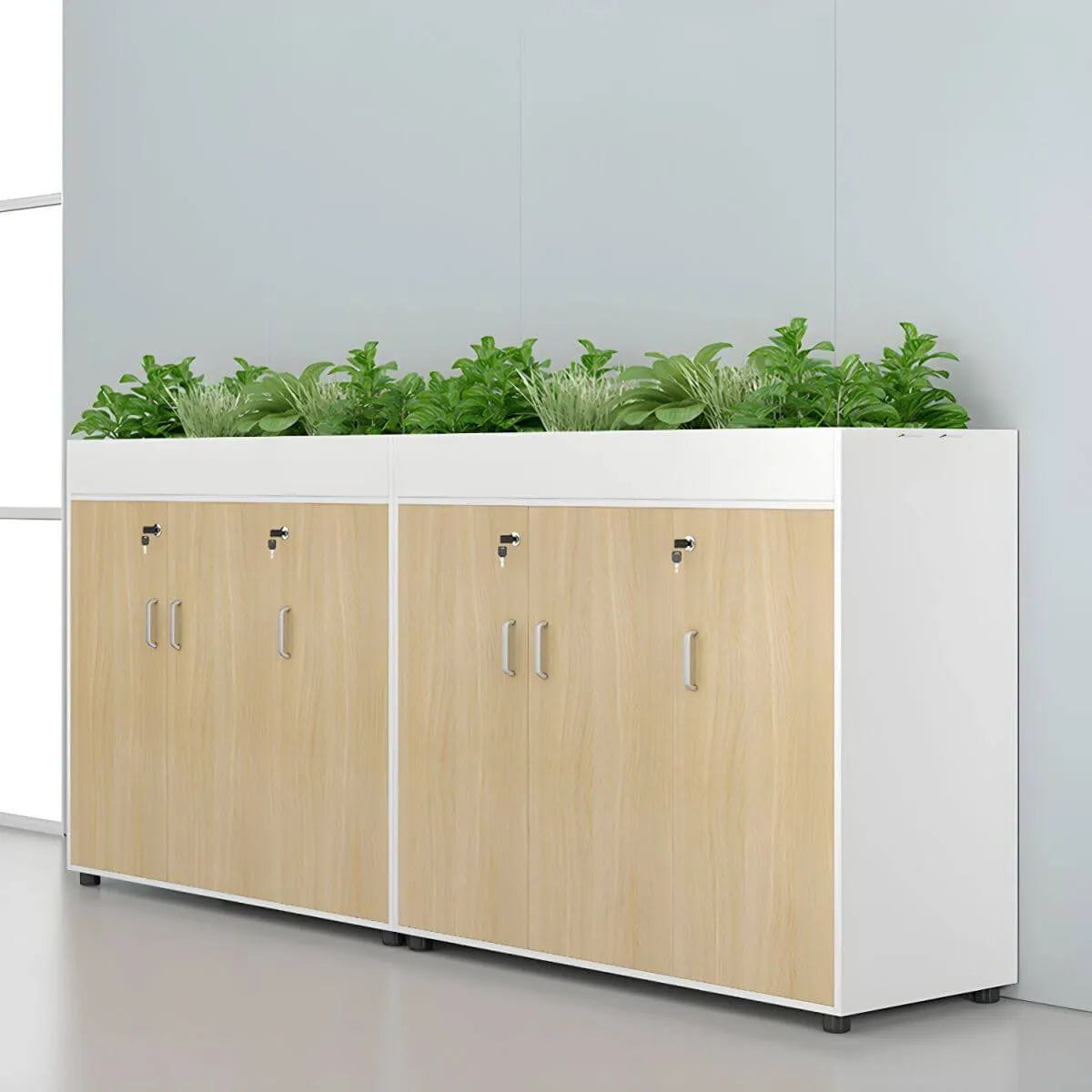 Locking Wood Planter Filing Cabinet Divider With Open Shelves