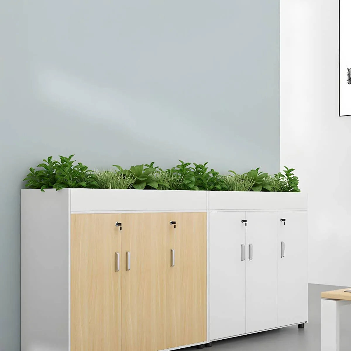Locking Wood Planter Filing Cabinet Divider With Open Shelves