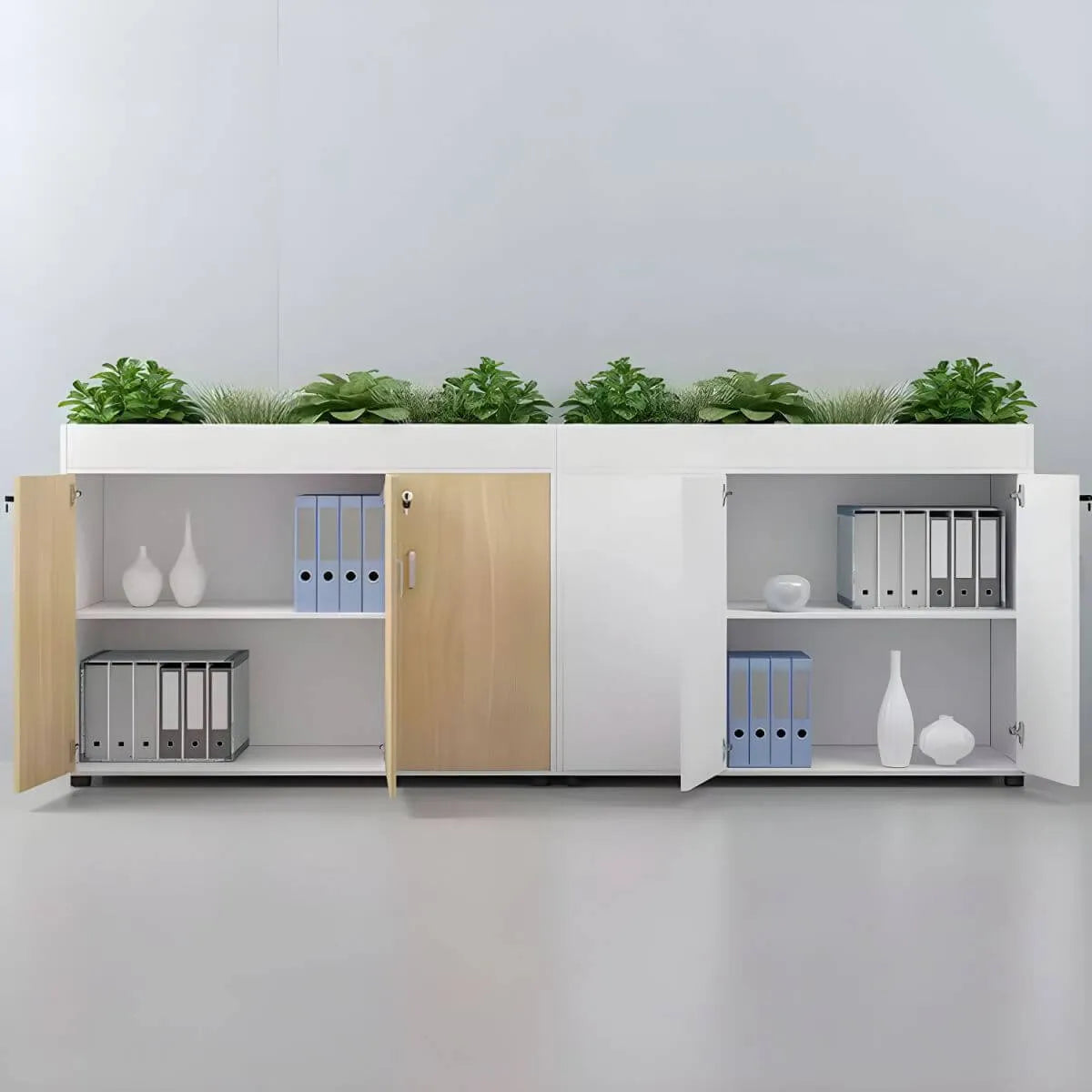 Locking Wood Planter Filing Cabinet Divider With Open Shelves
