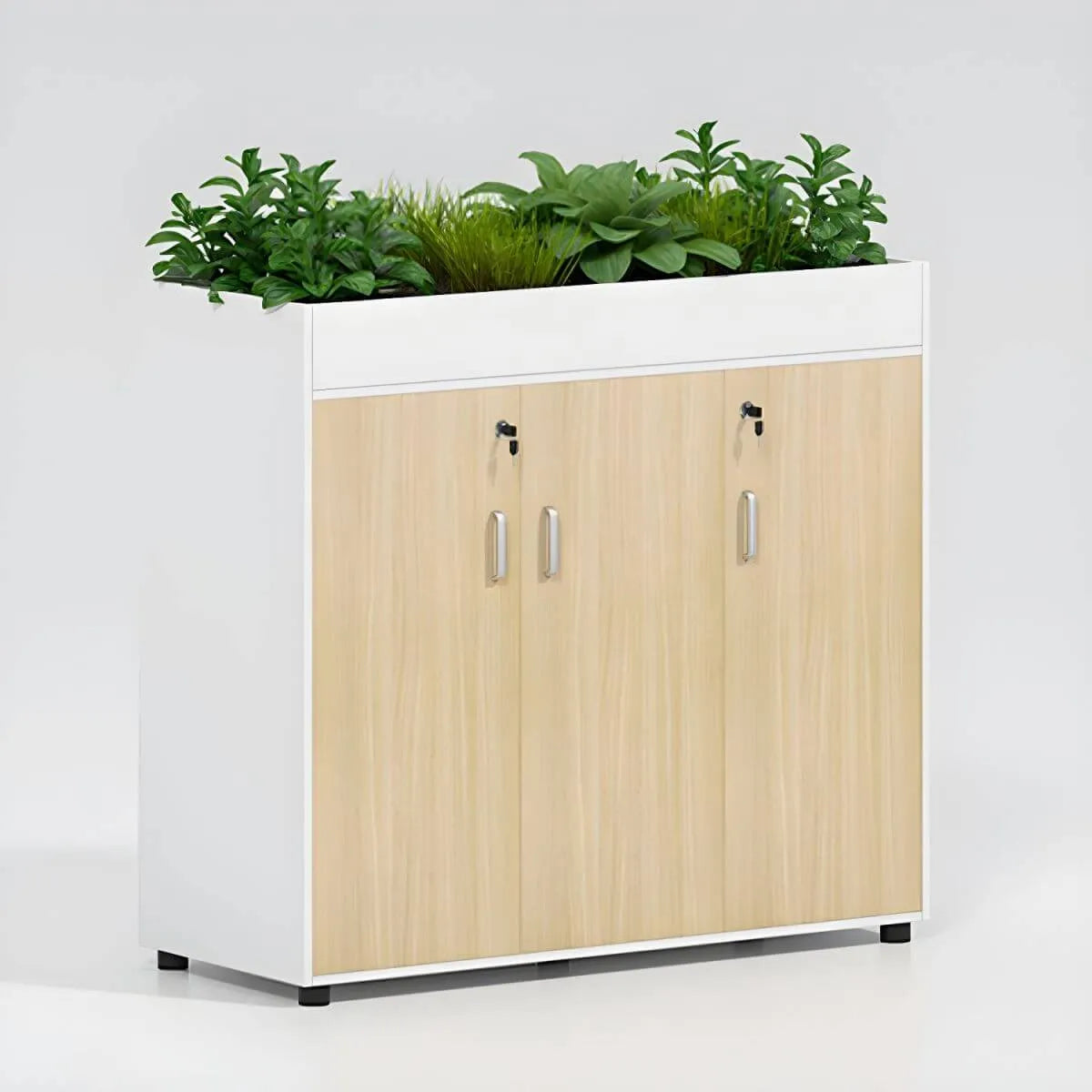 Locking Wood Planter Filing Cabinet Divider With Open Shelves
