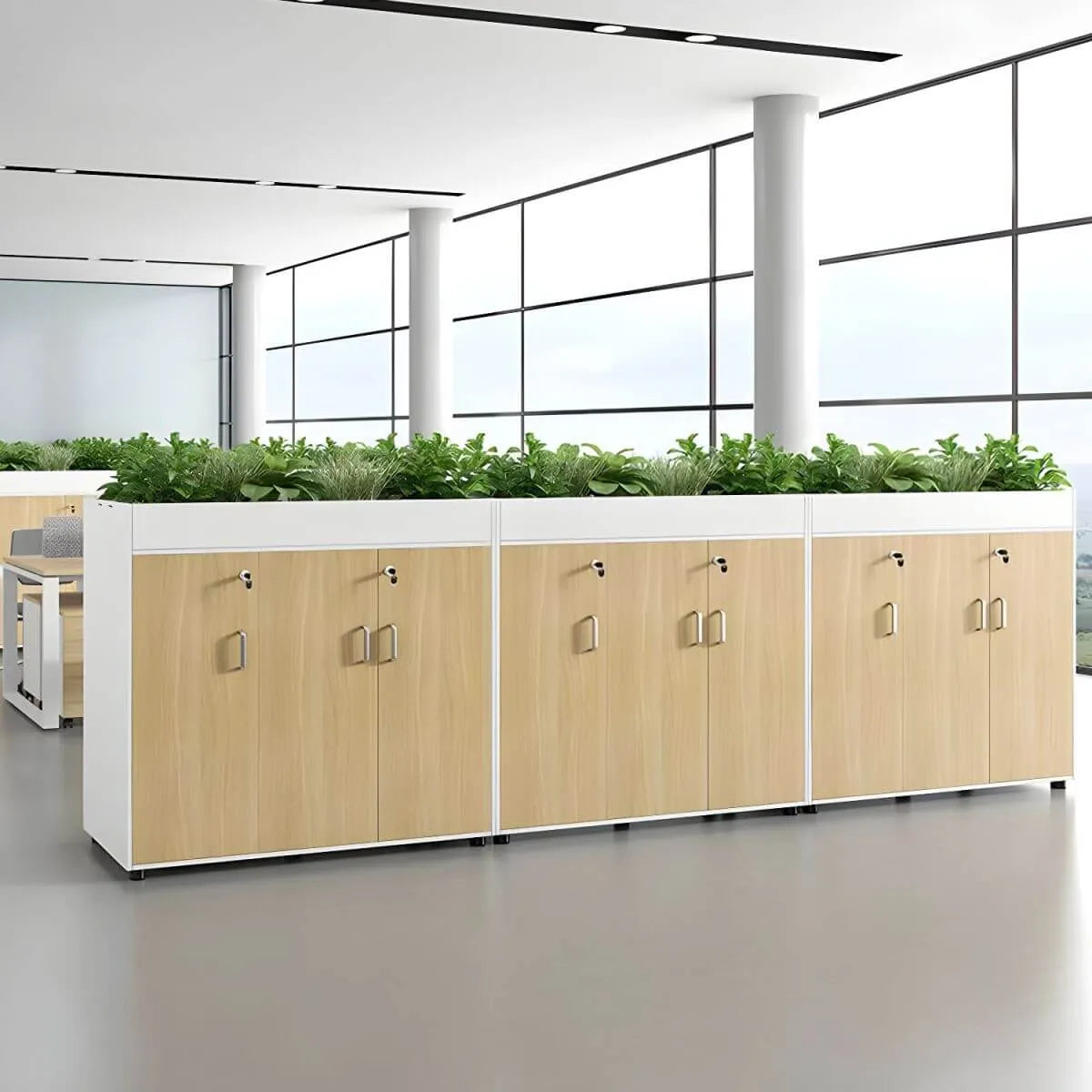 Locking Wood Planter Filing Cabinet Divider With Open Shelves Main Product Image