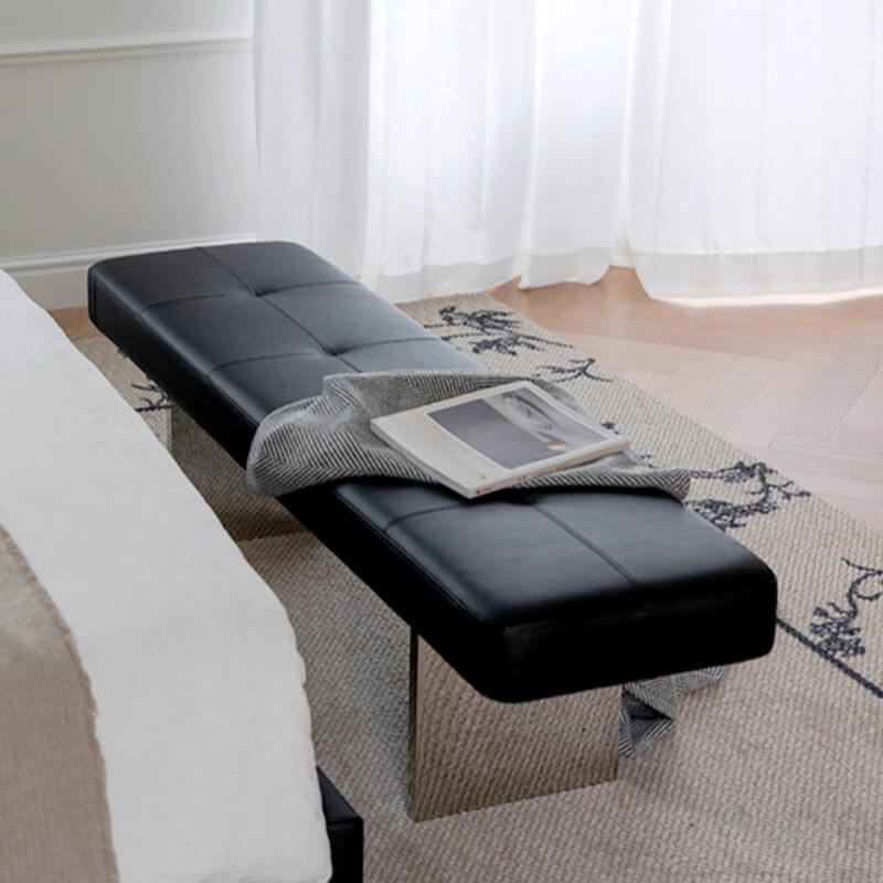Low-Profile Armless Bench in Modern Style with Five-Section Tufting and Polished Metal Base