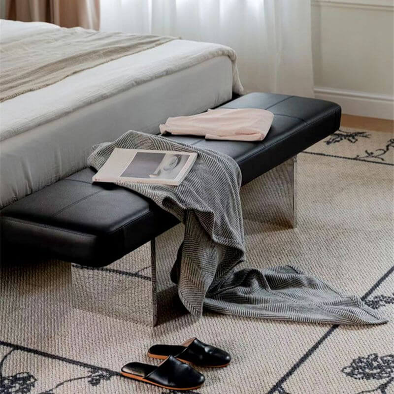 Low-Profile Armless Bench in Modern Style with Five-Section Tufting and Polished Metal Base Main Product Image