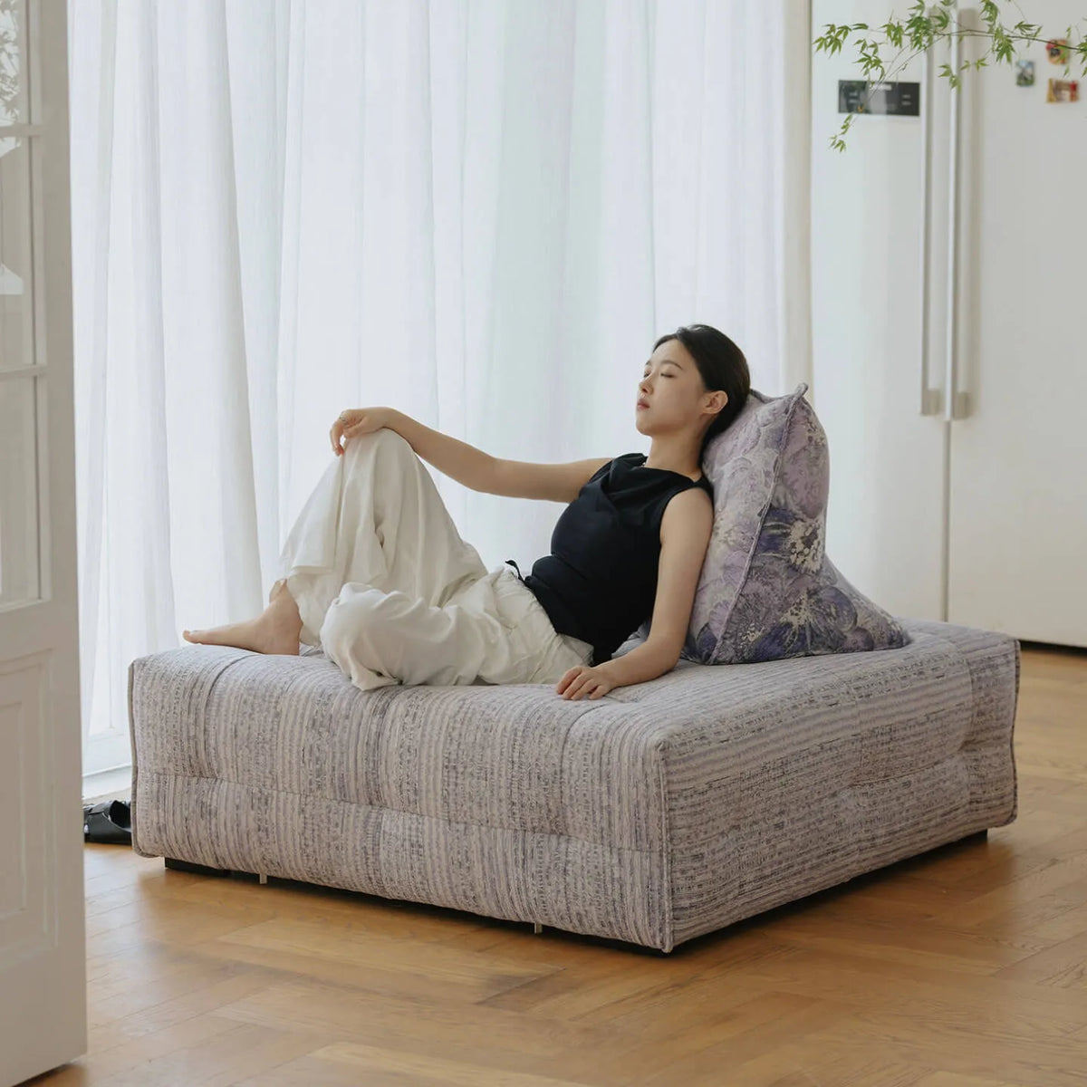 Low-Profile Modular Sofa With Movable Backrests and French Violet Appeal