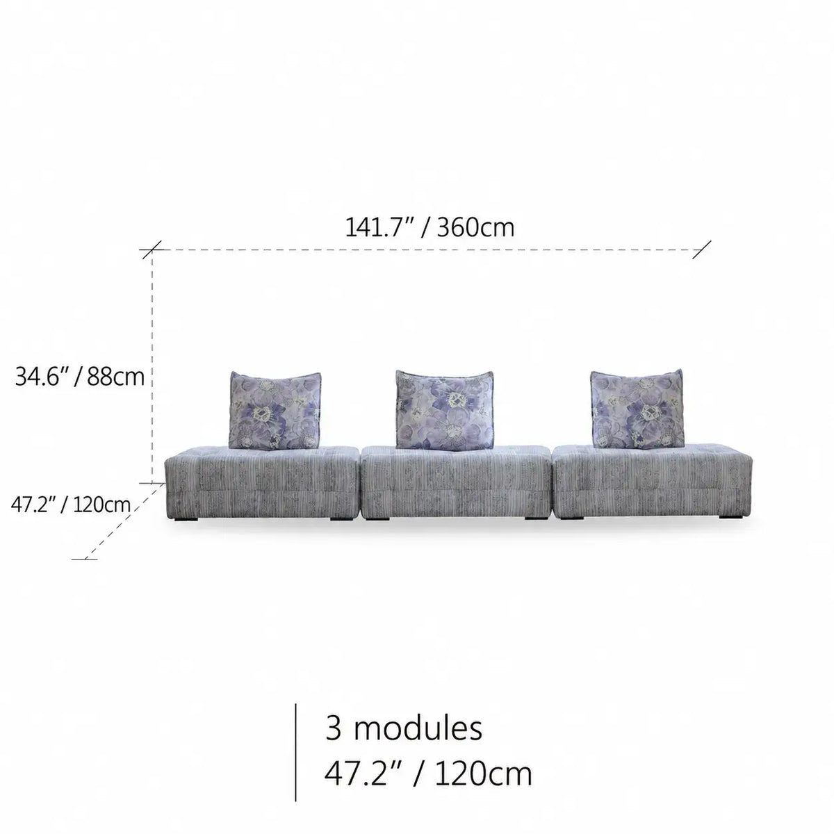 Low-Profile Modular Sofa With Movable Backrests and French Violet Appeal Dimensions