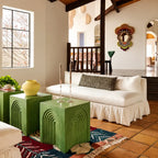 Low-Profile Ruffle Skirt Sofa in Warm Ivory for Lounge and Reading Nooks