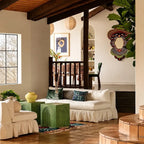 Low-Profile Ruffle Skirt Sofa in Warm Ivory for Lounge and Reading Nooks