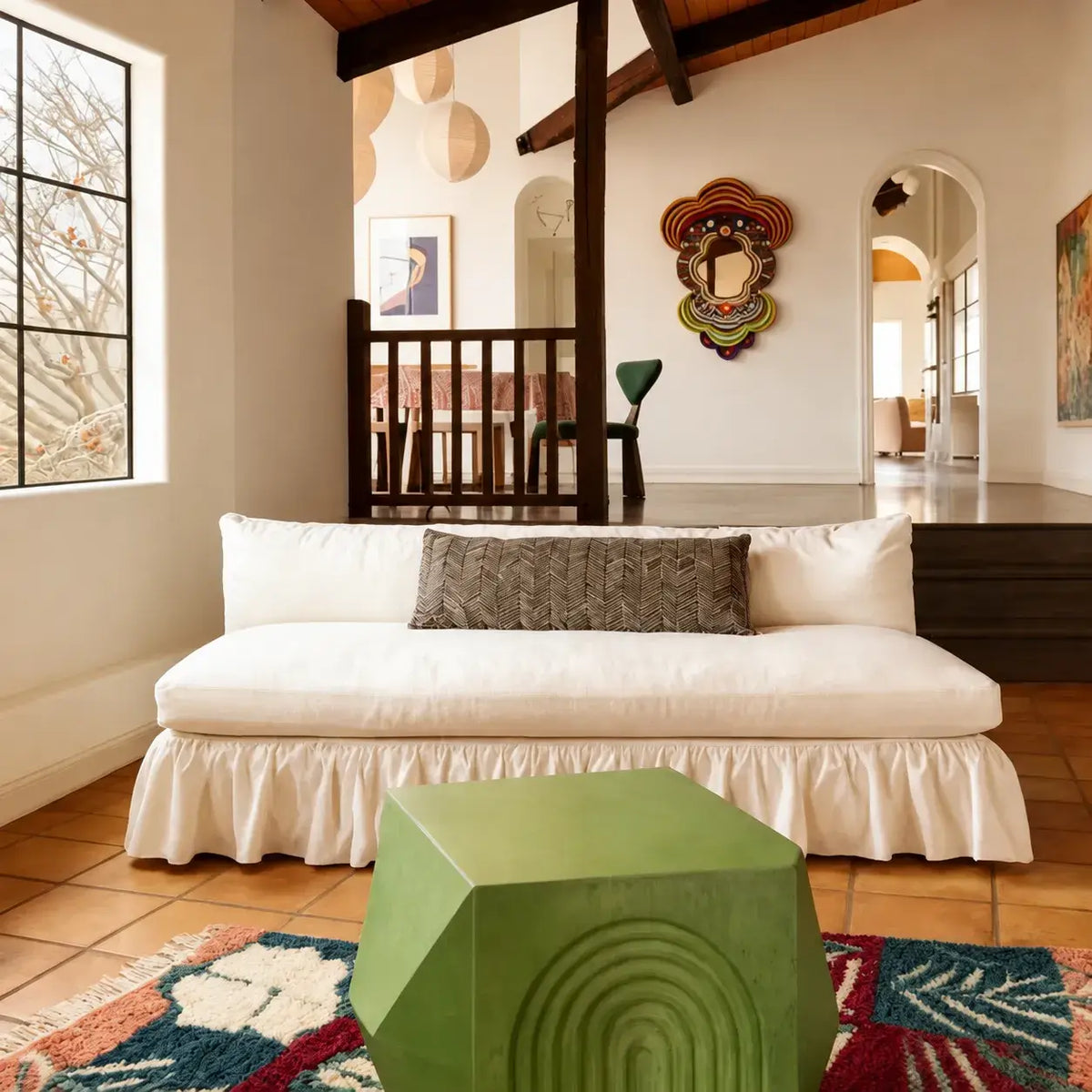 Low-Profile Ruffle Skirt Sofa in Warm Ivory for Lounge and Reading Nooks