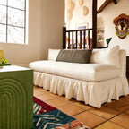 Low-Profile Ruffle Skirt Sofa in Warm Ivory for Lounge and Reading Nooks