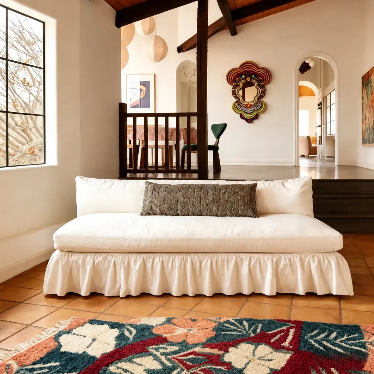 Low-Profile Ruffle Skirt Sofa in Warm Ivory for Lounge and Reading Nooks Main Product Image