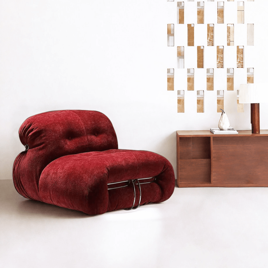 Low-Profile Soriana-Inspired Accent Chair in Textured Burgundy Velvet