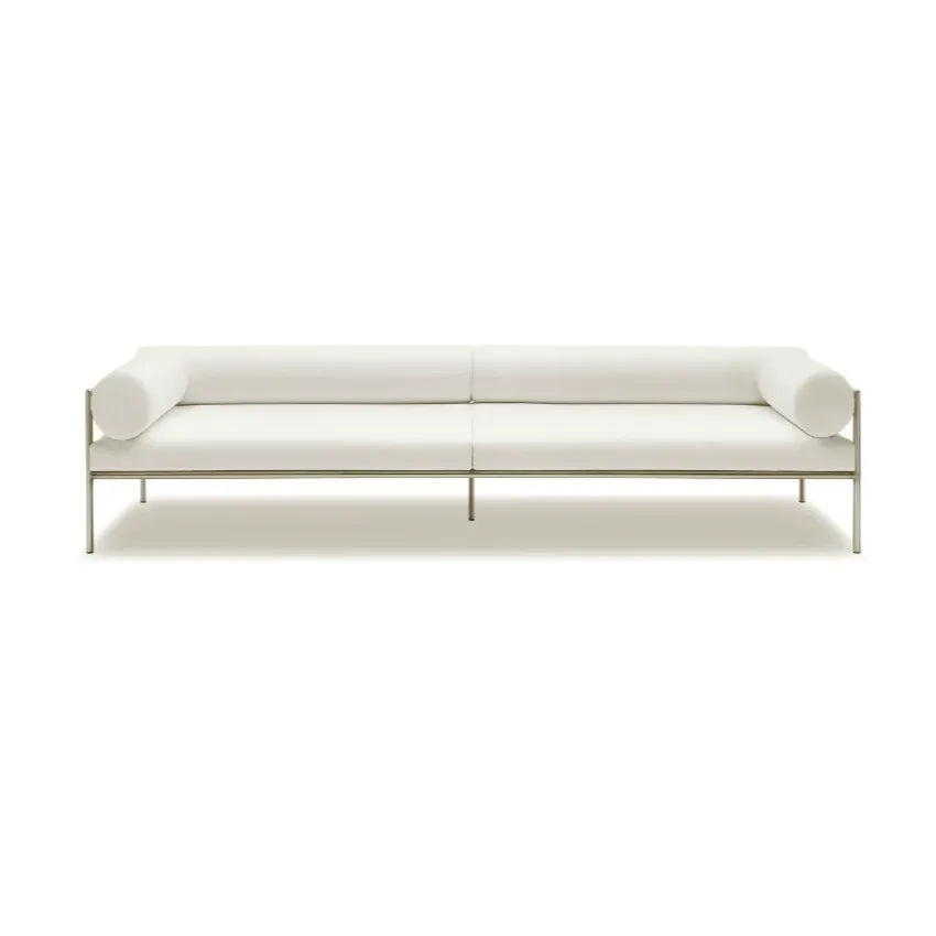 Low-Profile Stainless Steel Sofa with Minimalist Upholstery and Modular Cushions