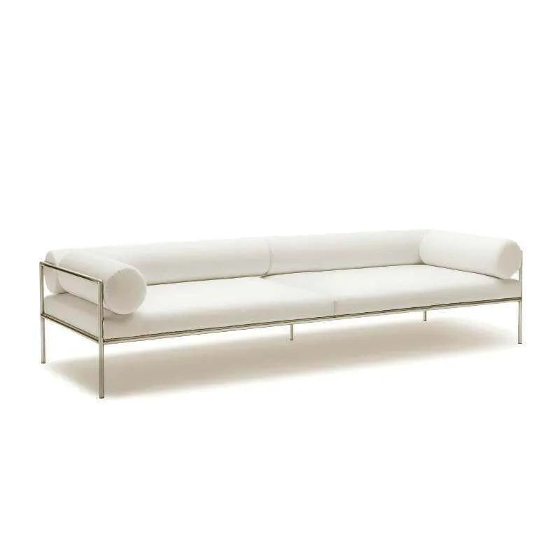 Low-Profile Stainless Steel Sofa with Minimalist Upholstery and Modular Cushions