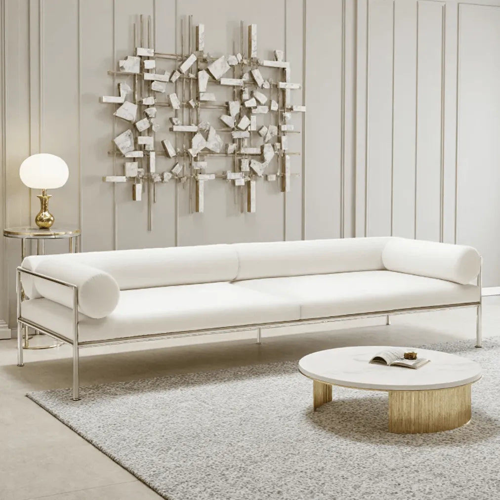 Low-Profile Stainless Steel Sofa with Minimalist Upholstery and Modular Cushions