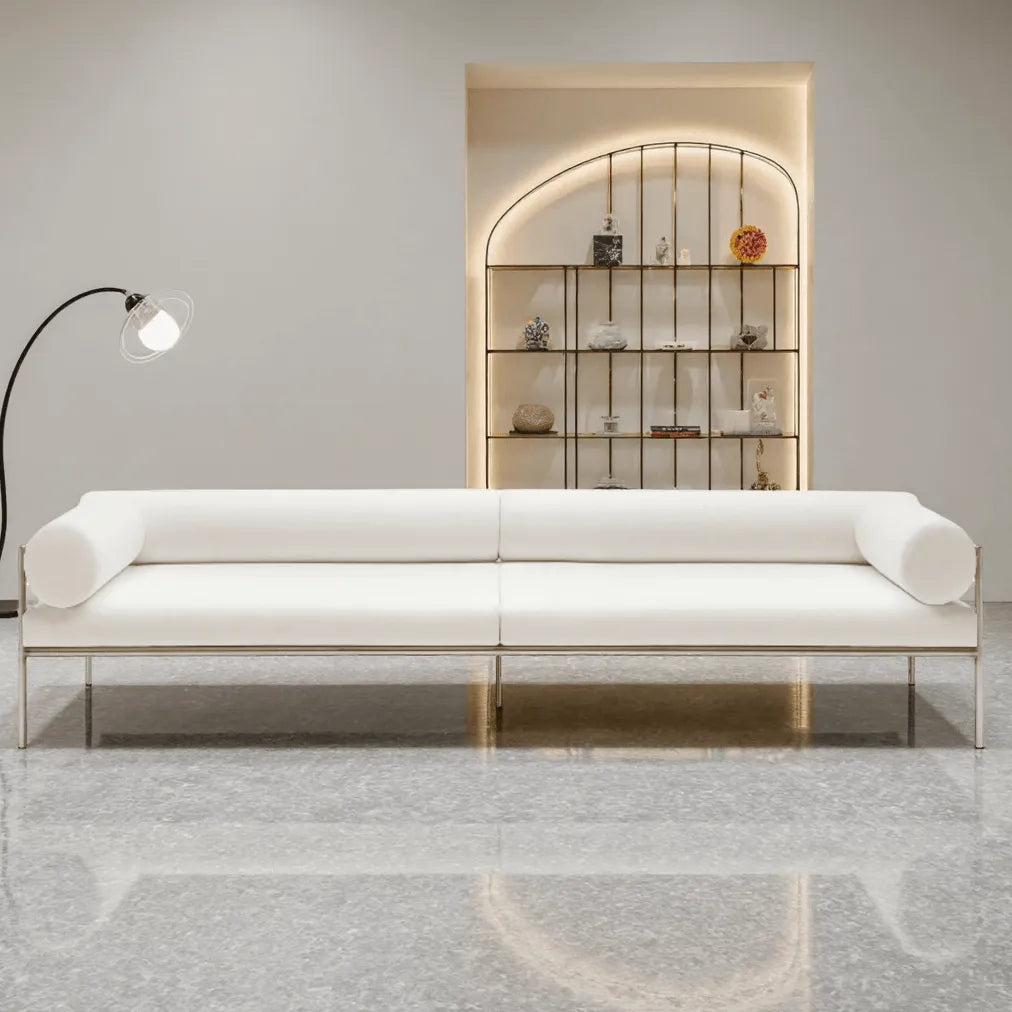 Low-Profile Stainless Steel Sofa with Minimalist Upholstery and Modular Cushions Main Product Image メイン画像