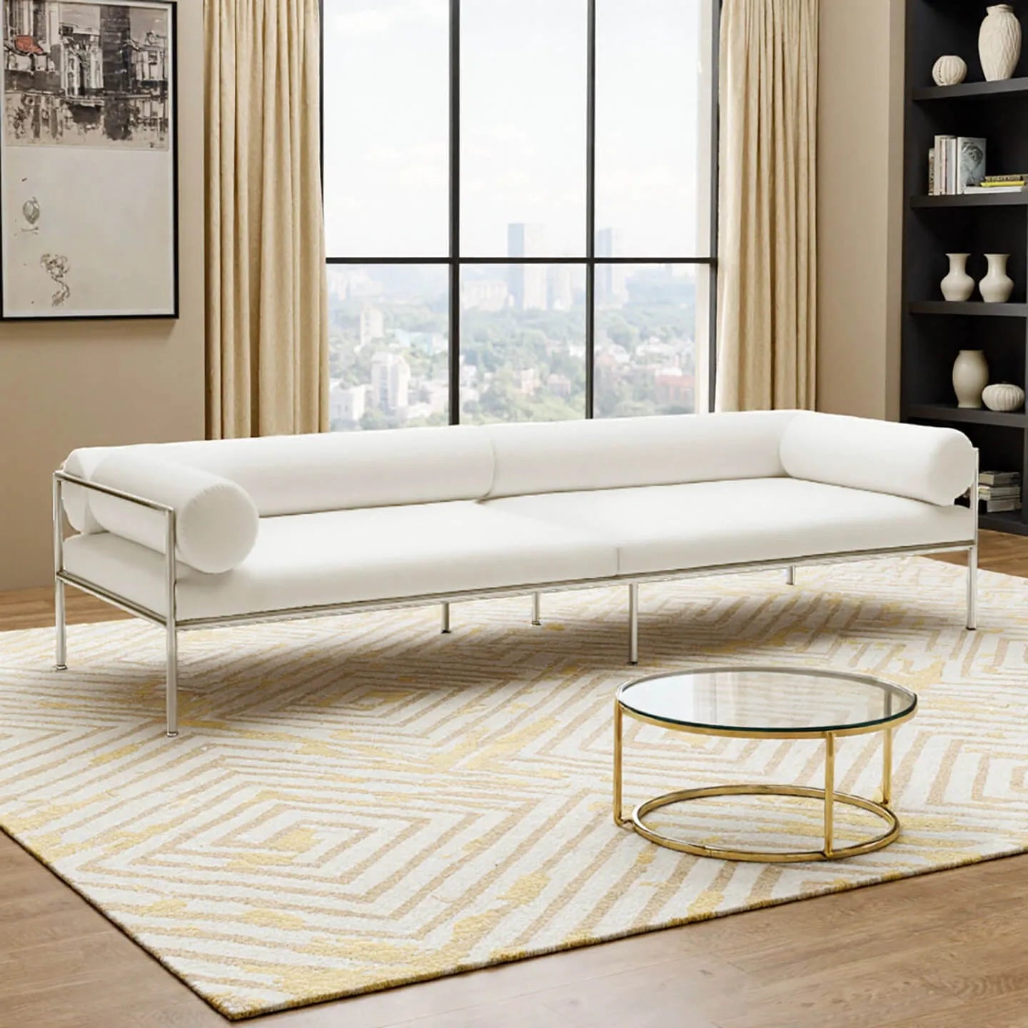 Low-Profile Stainless Steel Sofa with Minimalist Upholstery and Modular Cushions