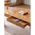 Lustrous Burlwood Office Table With Drawer, Sculpted Edges and Warm Grain