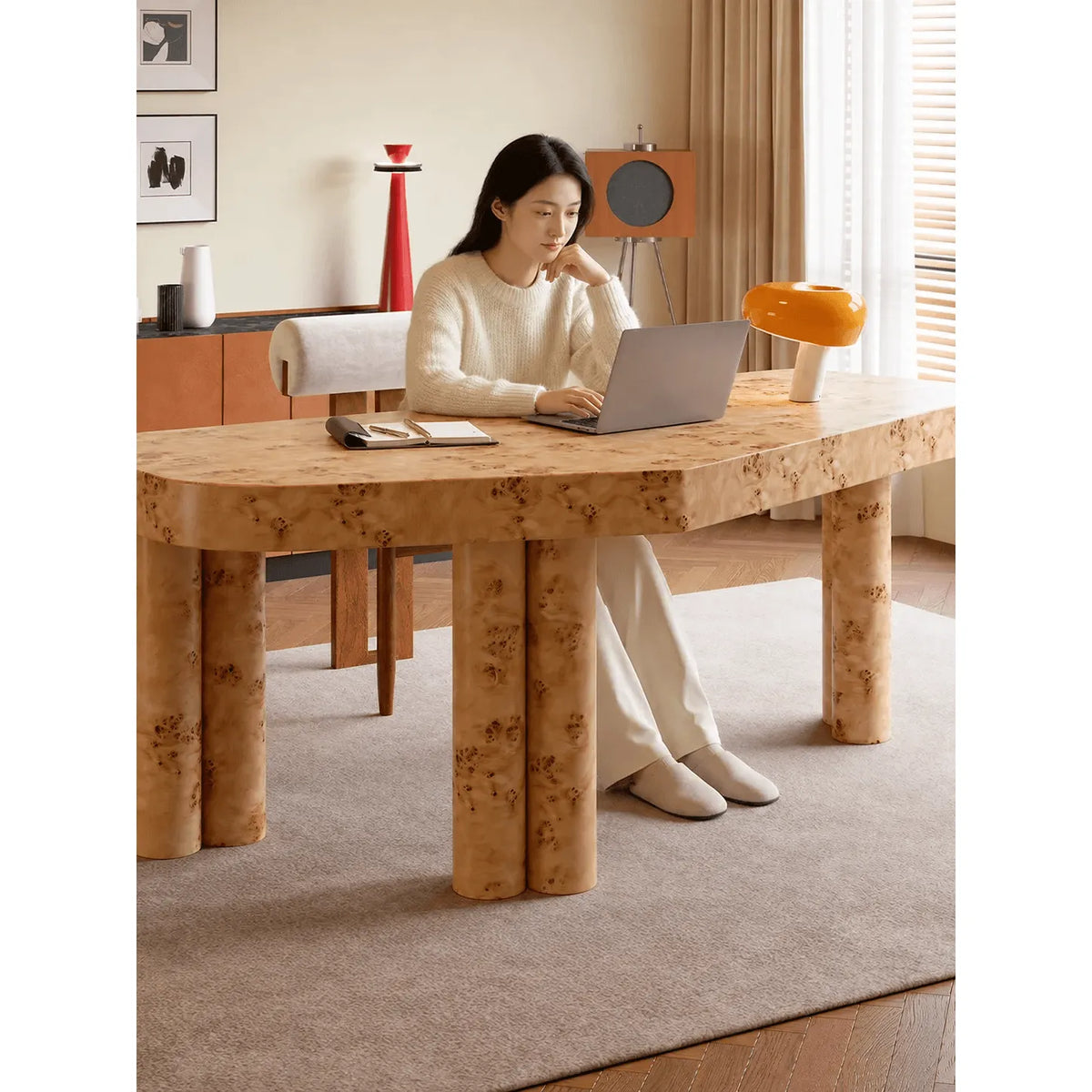 Lustrous Burlwood Office Table With Drawer, Sculpted Edges and Warm Grain