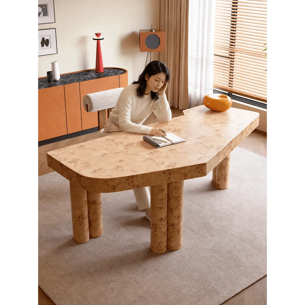 Lustrous Burlwood Office Table With Drawer, Sculpted Edges and Warm Grain
