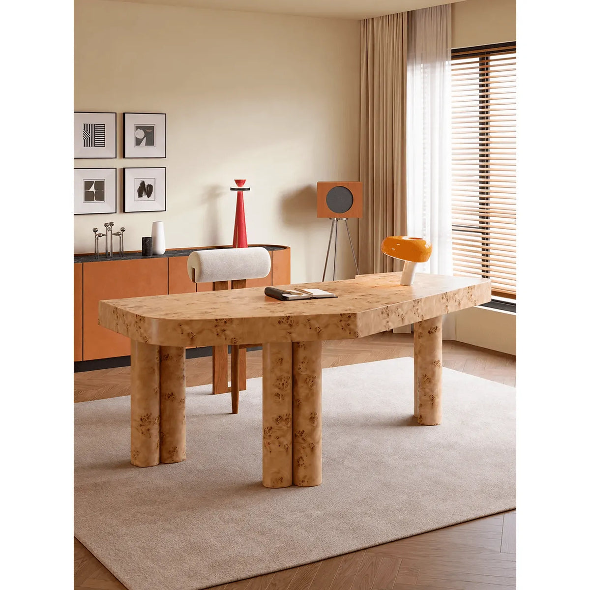 Lustrous Burlwood Office Table With Drawer, Sculpted Edges and Warm Grain Main Product Image Main image