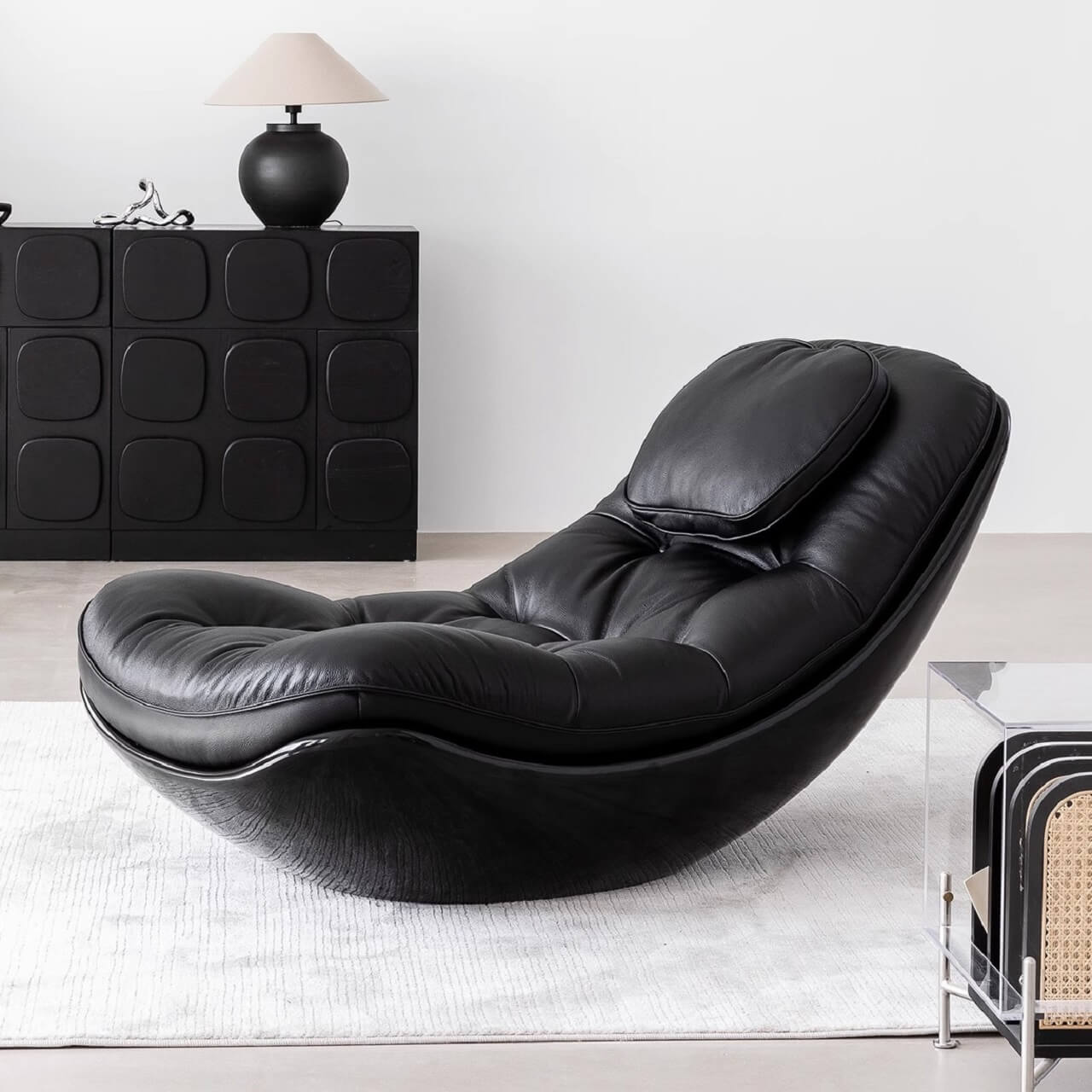 Black microfiber leather recliner chair with unique eggshell shape for luxurious comfort main product image