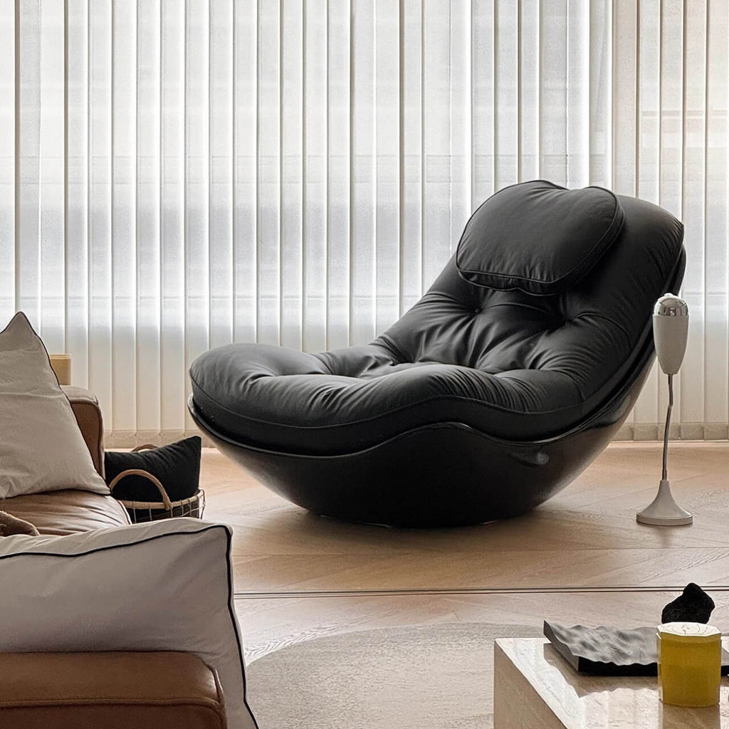 Black microfiber leather recliner chair with unique eggshell shape for luxurious comfort
