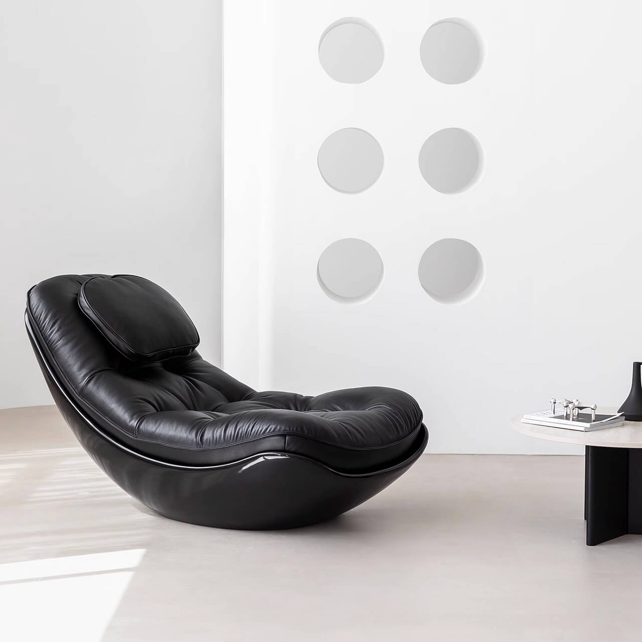 Black microfiber leather recliner chair with unique eggshell shape for luxurious comfort
