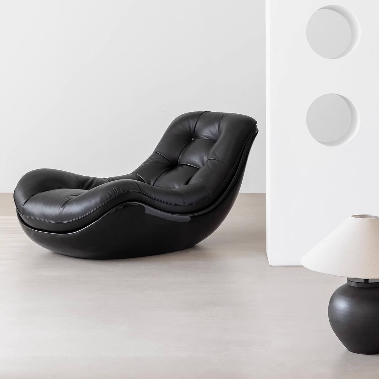 Black microfiber leather recliner sofa with unique eggshell shape for luxurious comfort