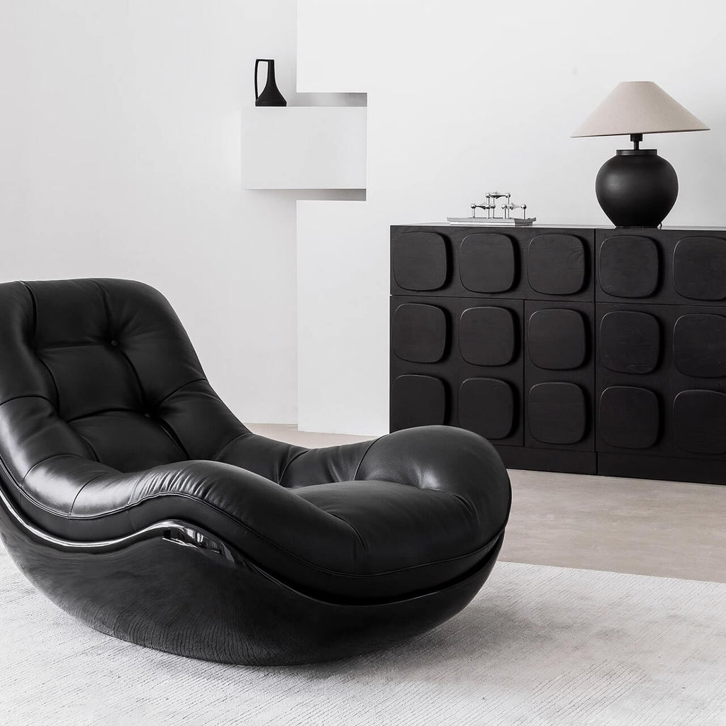 Black microfiber leather recliner sofa with unique eggshell shape for luxurious comfort
