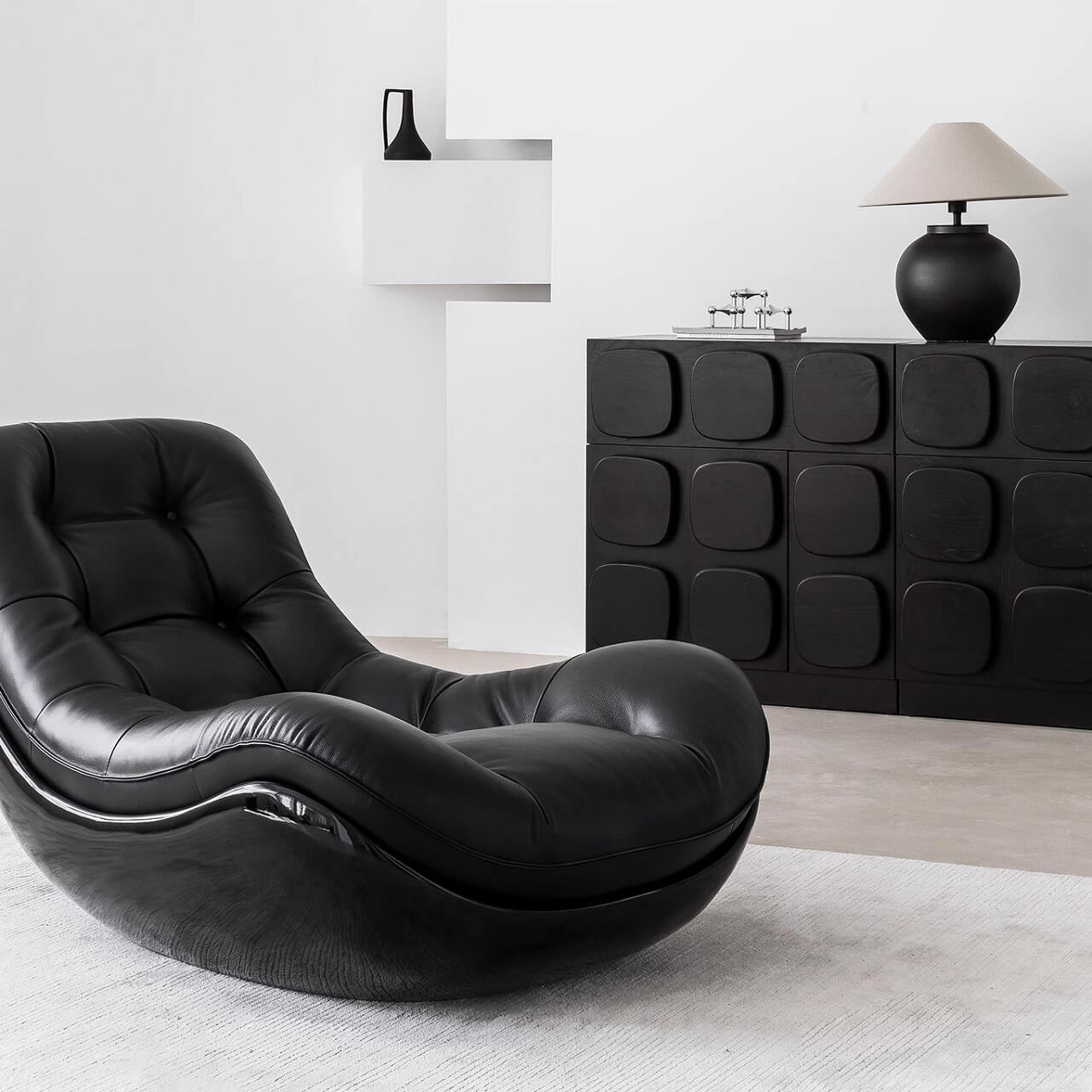 Black microfiber leather recliner sofa with unique eggshell shape for luxurious comfort