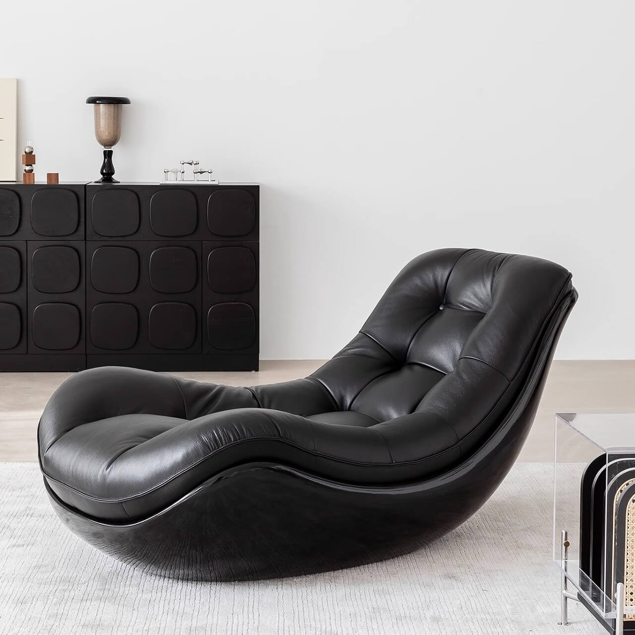 Black microfiber leather recliner sofa with unique eggshell shape for luxurious comfort