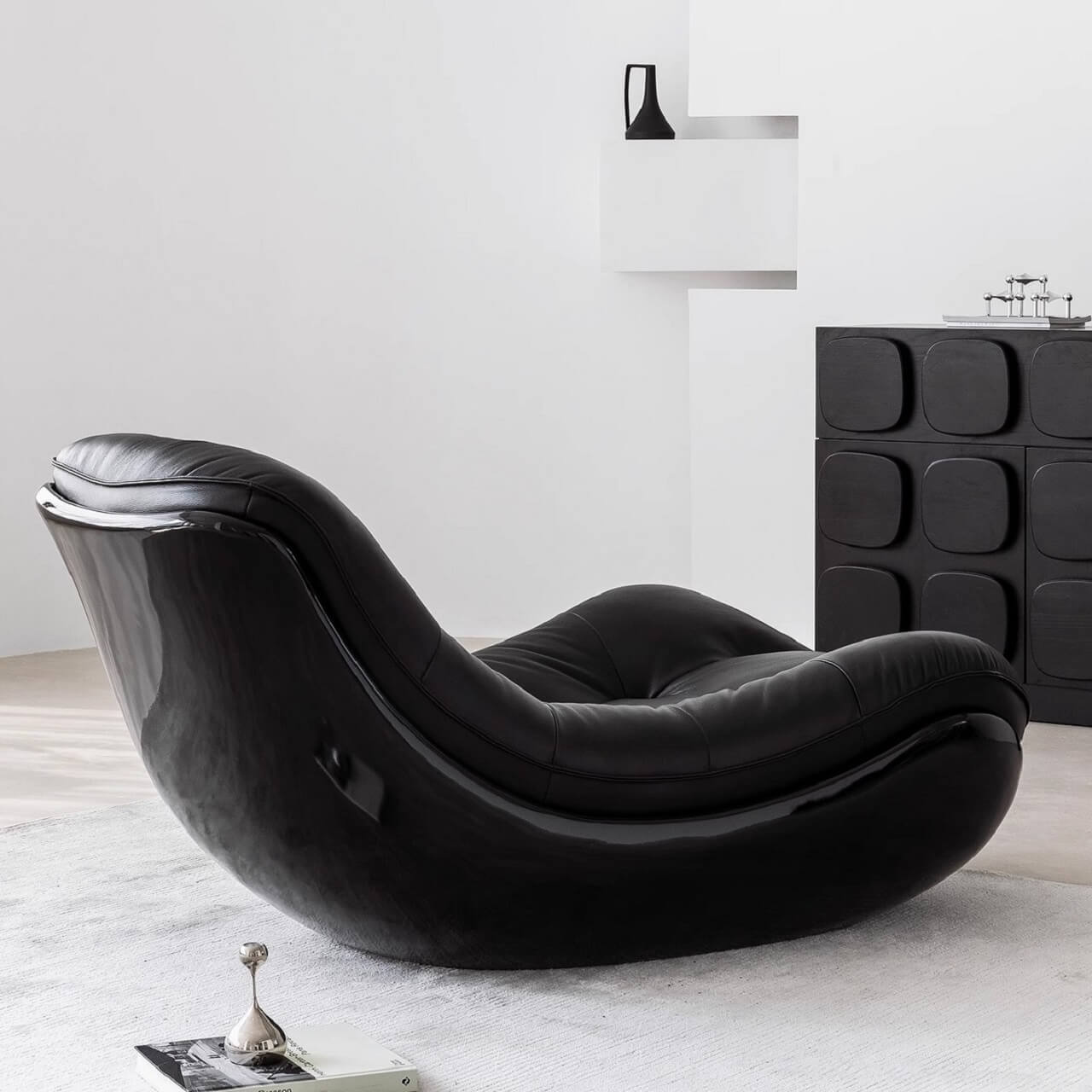Black microfiber leather recliner sofa with unique eggshell shape for luxurious comfort