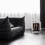 Black microfiber leather sofa in comfortable caterpillar style, measuring 70.87 inches long