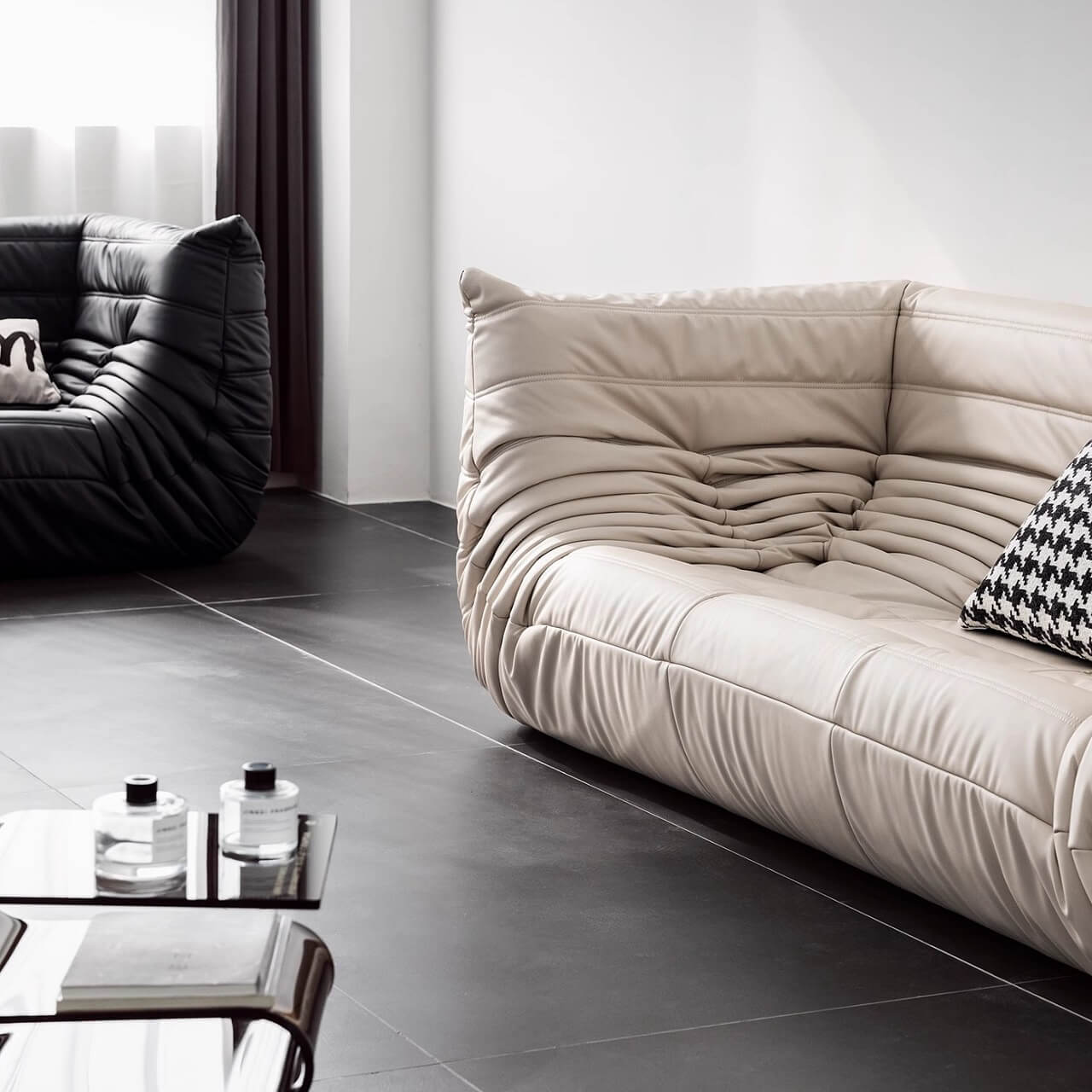 Black microfiber leather sofa in comfortable caterpillar style, measuring 70.87 inches long