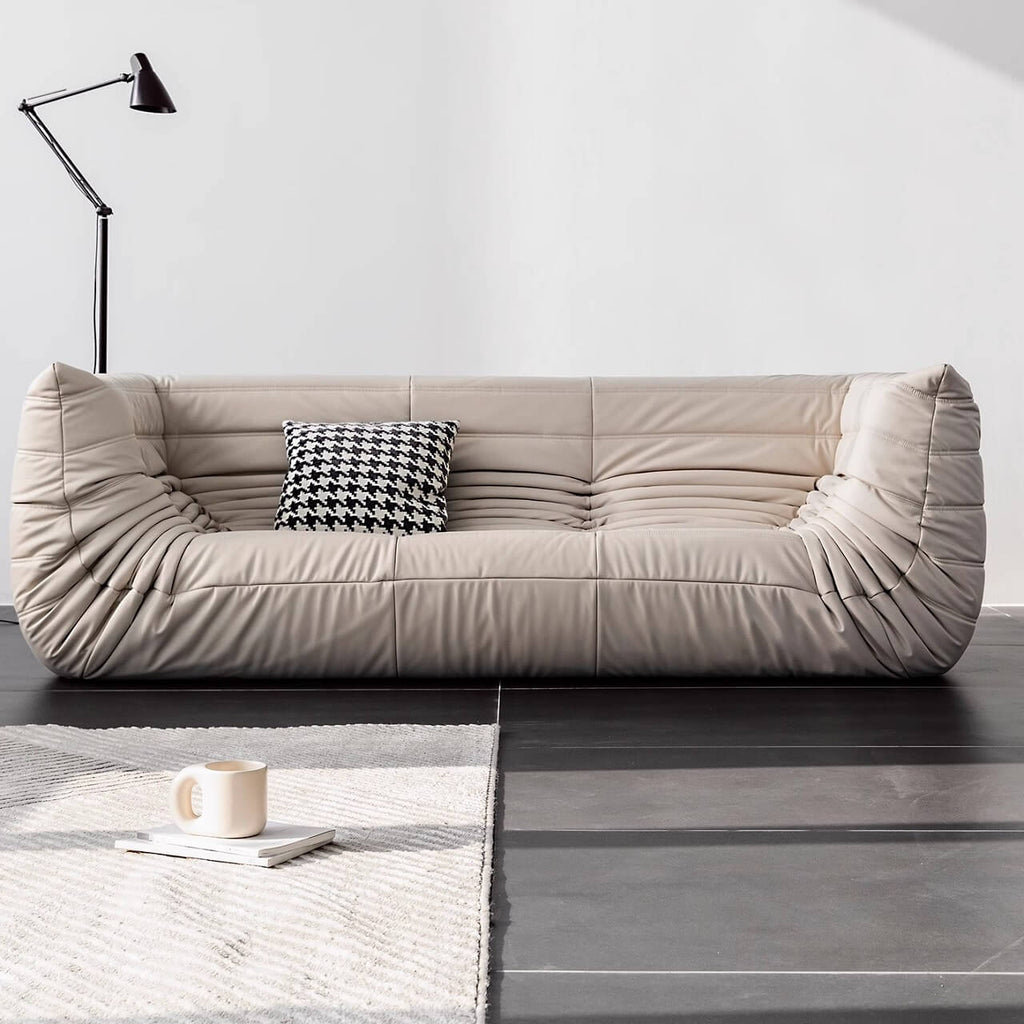 Black microfiber leather sofa in comfortable caterpillar style, measuring 70.87 inches long