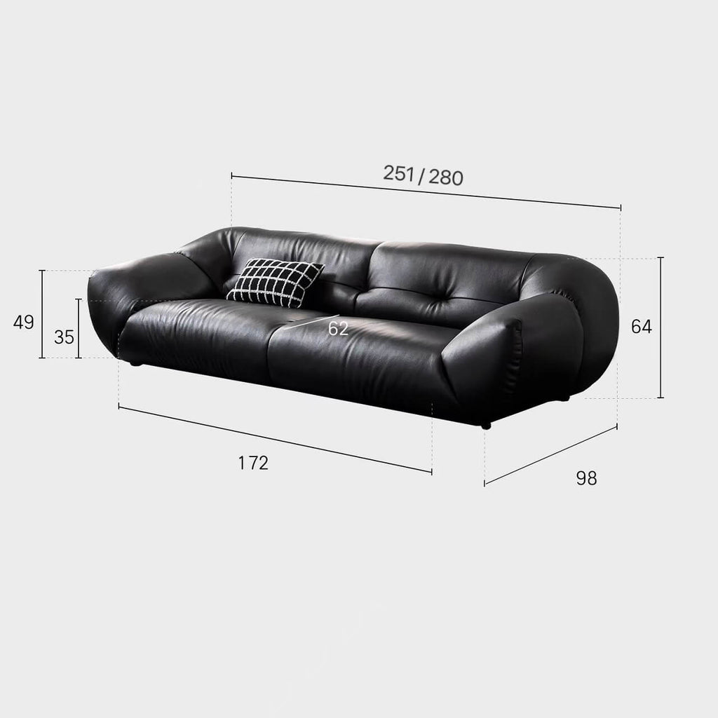 Black microfiber leather sofa with minimalist design, seats three comfortably dimensions