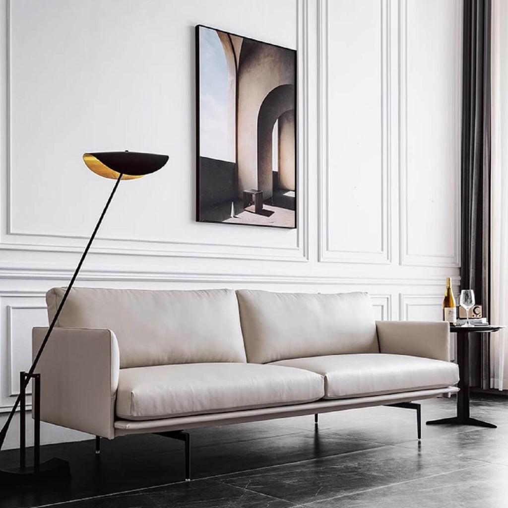 White microfiber leather sofa with minimalist design, measuring 87.8 inches long