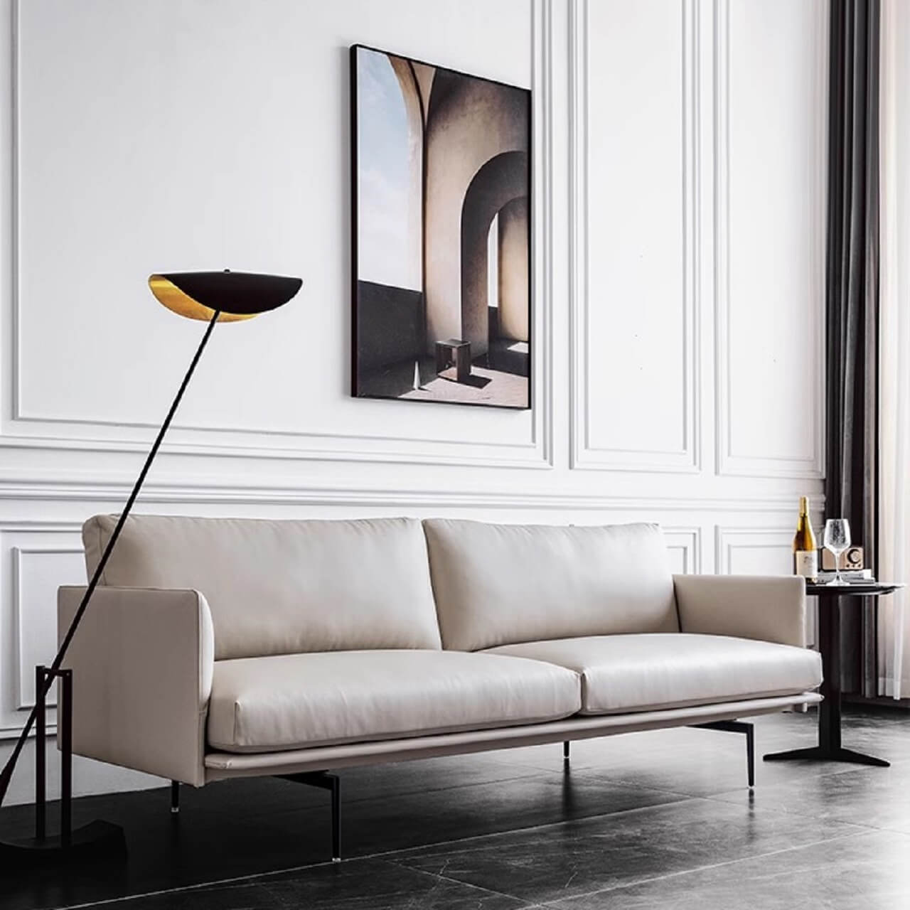 White microfiber leather sofa with minimalist design, measuring 87.8 inches long