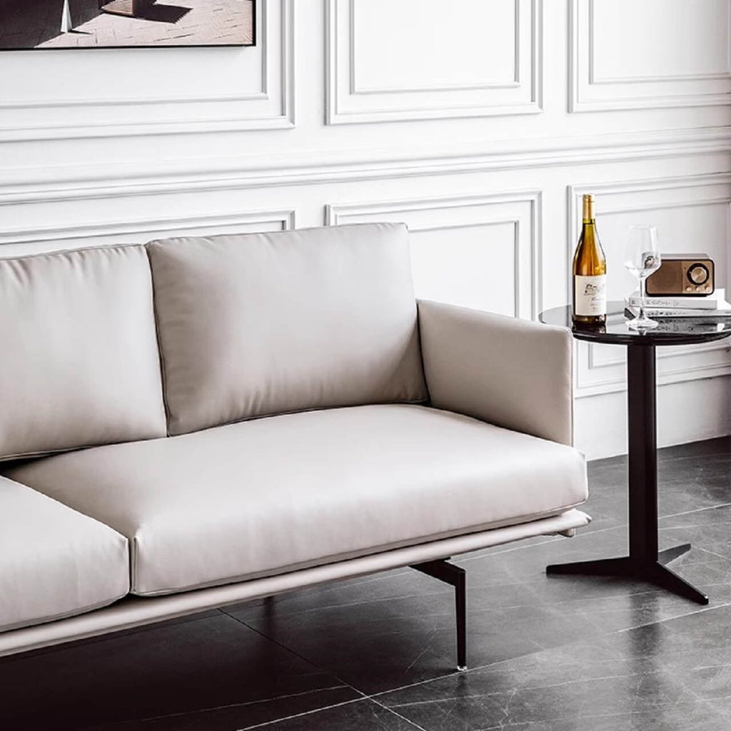 White microfiber leather sofa with minimalist design, measuring 87.8 inches long