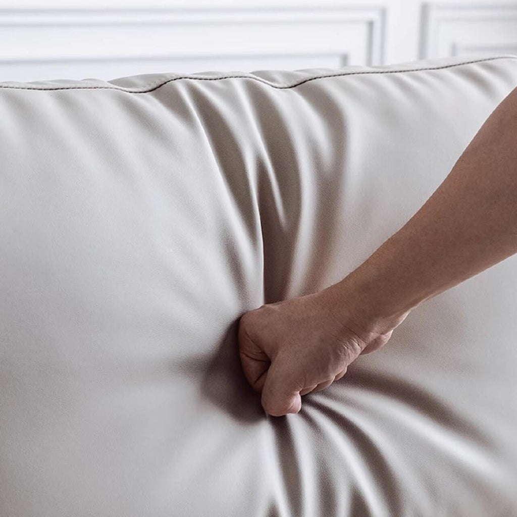 White microfiber leather sofa with minimalist design, measuring 87.8 inches long