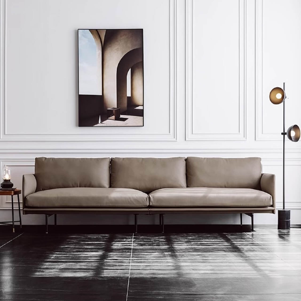 White microfiber leather sofa with minimalist design, measuring 87.8 inches long