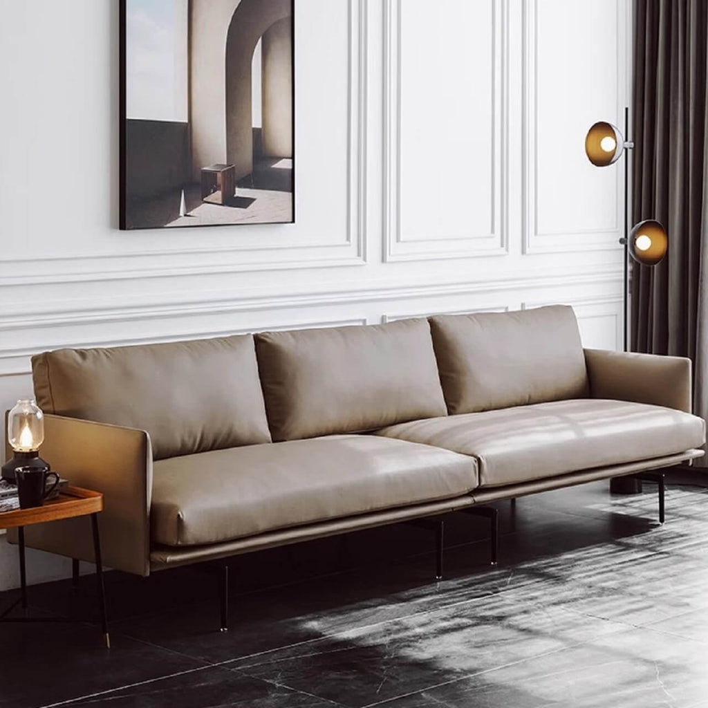 White microfiber leather sofa with minimalist design, measuring 87.8 inches long